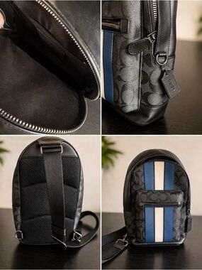 Coach Black Signature Sling Backpack with Blue & Cream Racing Stripes